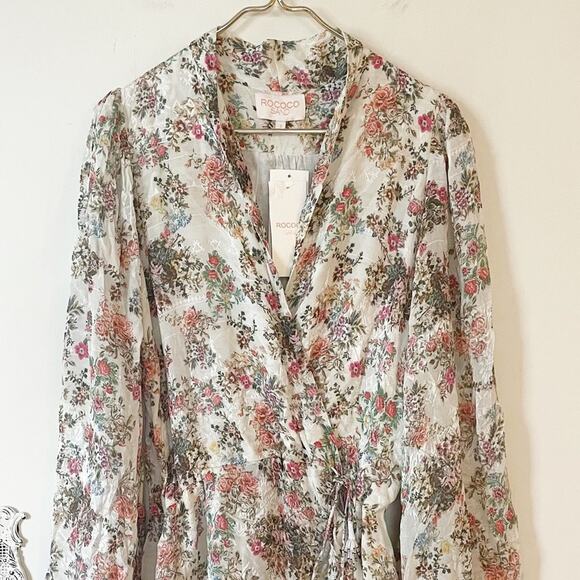 NWT Rococo Sand Ivory Floral Jane Wrap Mini Dress Wrap Beaded Tassel Tie Waist S - Picture 5 of 15